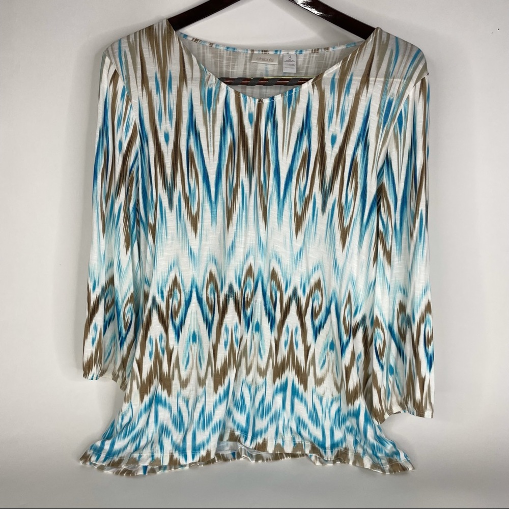 Chicos Womens Blouse Turquoise Blue Geometric Print 3/4 Sleeve Size 3 XL